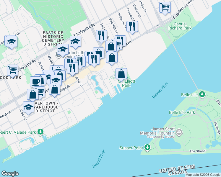 map of restaurants, bars, coffee shops, grocery stores, and more near 3500 East Jefferson Avenue in Detroit