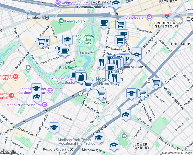 map of restaurants, bars, coffee shops, grocery stores, and more near 212 Hemenway Street in Boston