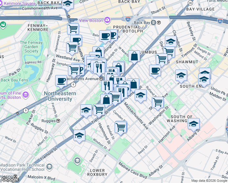 map of restaurants, bars, coffee shops, grocery stores, and more near 453 Massachusetts Avenue in Boston