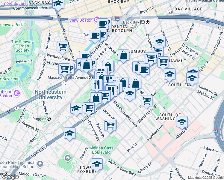 map of restaurants, bars, coffee shops, grocery stores, and more near 212 West Springfield Street in Boston
