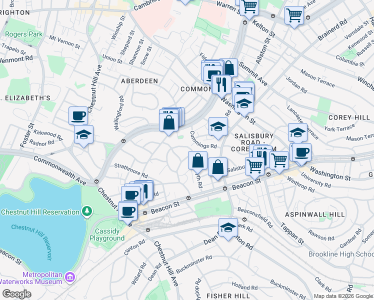 map of restaurants, bars, coffee shops, grocery stores, and more near 36 Cummings Road in Boston