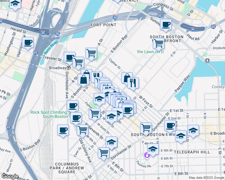 map of restaurants, bars, coffee shops, grocery stores, and more near 120 Bolton Street in Boston