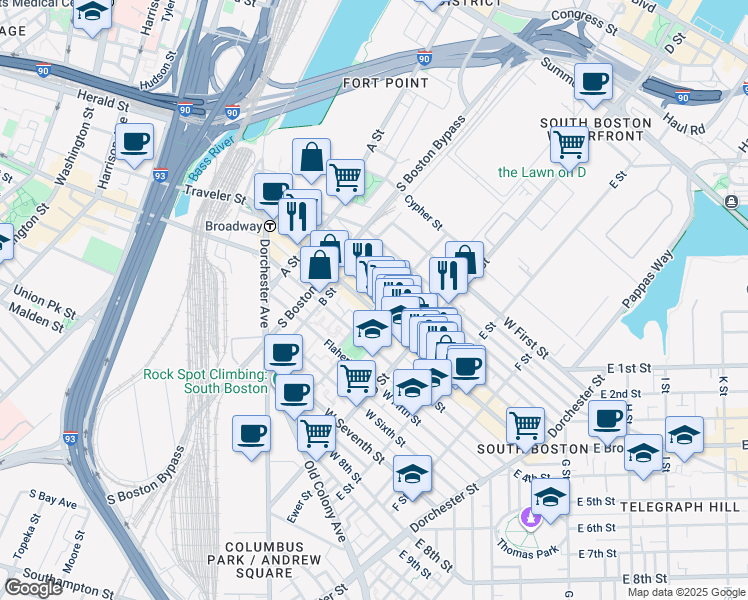 map of restaurants, bars, coffee shops, grocery stores, and more near 166 Athens Street in Boston