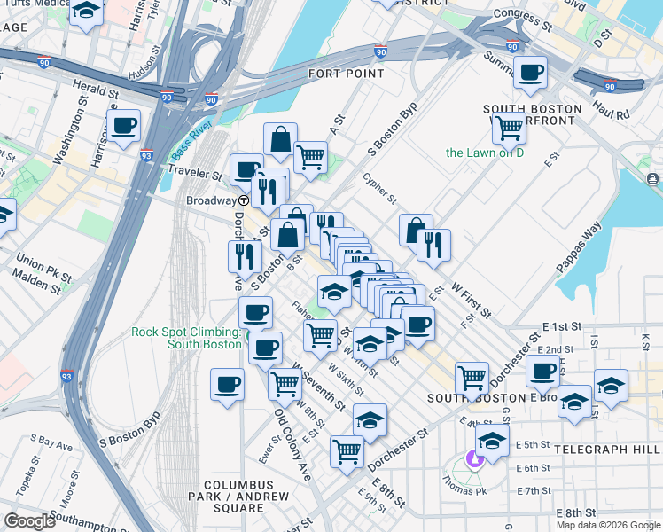 map of restaurants, bars, coffee shops, grocery stores, and more near 166 Athens Street in Boston