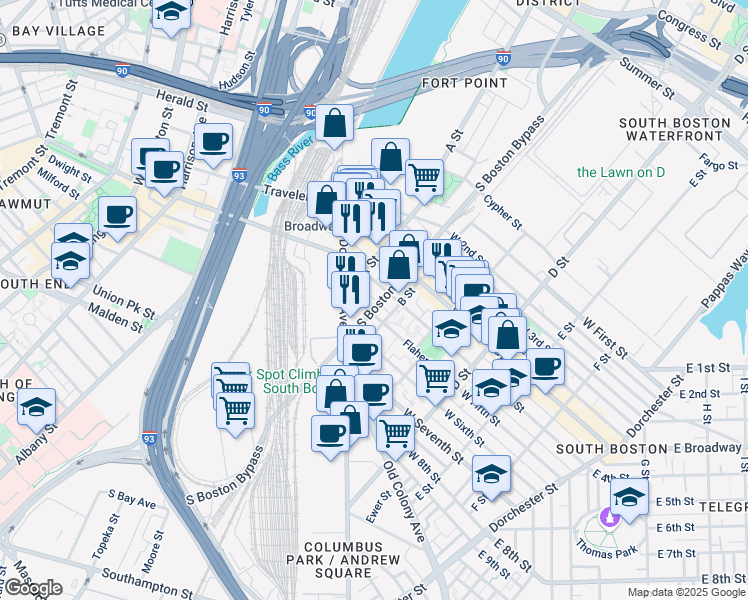 map of restaurants, bars, coffee shops, grocery stores, and more near 10 West Fifth Street in Boston