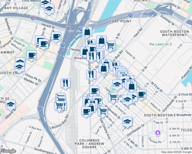 map of restaurants, bars, coffee shops, grocery stores, and more near 10 West Fifth Street in Boston