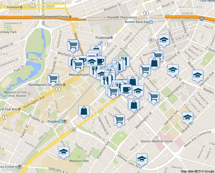 map of restaurants, bars, coffee shops, grocery stores, and more near 586 Columbus Avenue in Boston
