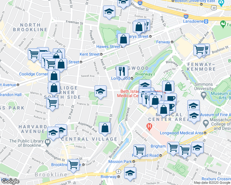 map of restaurants, bars, coffee shops, grocery stores, and more near in Brookline