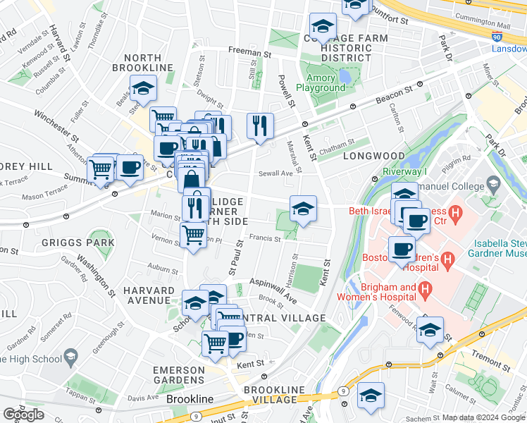 map of restaurants, bars, coffee shops, grocery stores, and more near 89 Longwood Avenue in Brookline