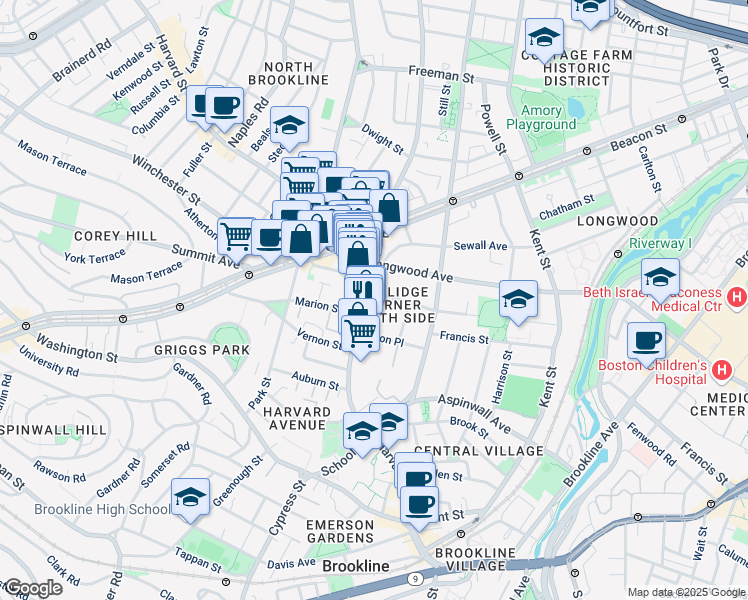 map of restaurants, bars, coffee shops, grocery stores, and more near 224 Harvard Street in Brookline