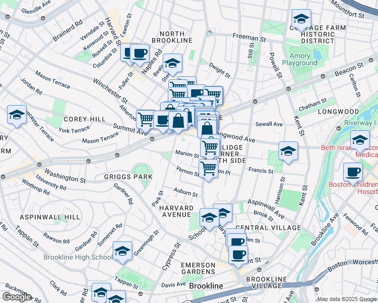 map of restaurants, bars, coffee shops, grocery stores, and more near in Brookline