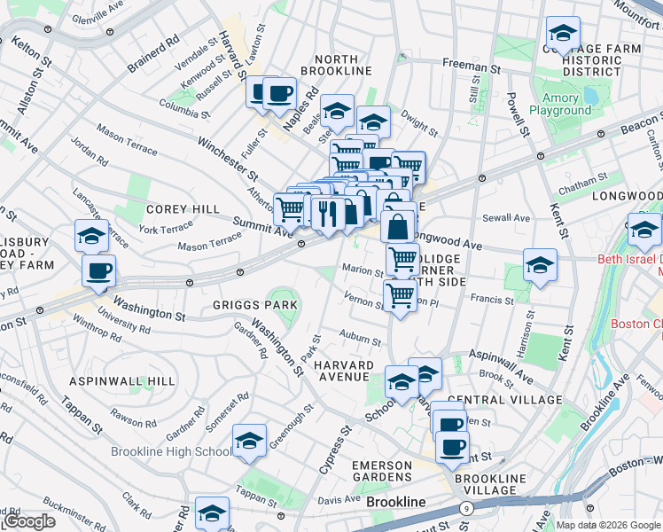map of restaurants, bars, coffee shops, grocery stores, and more near in Brookline