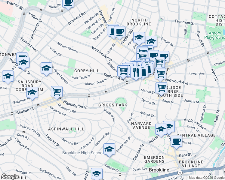 map of restaurants, bars, coffee shops, grocery stores, and more near 1476 Beacon Street in Brookline
