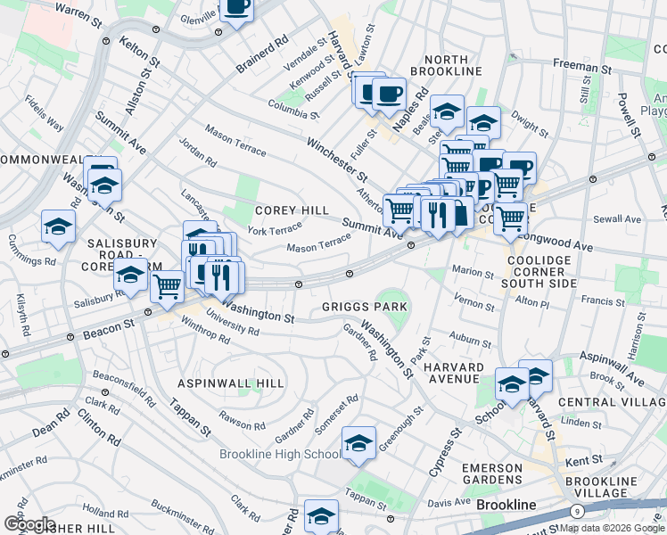map of restaurants, bars, coffee shops, grocery stores, and more near 1514 Beacon Street in Brookline