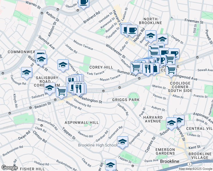 map of restaurants, bars, coffee shops, grocery stores, and more near 1514 Beacon Street in Brookline
