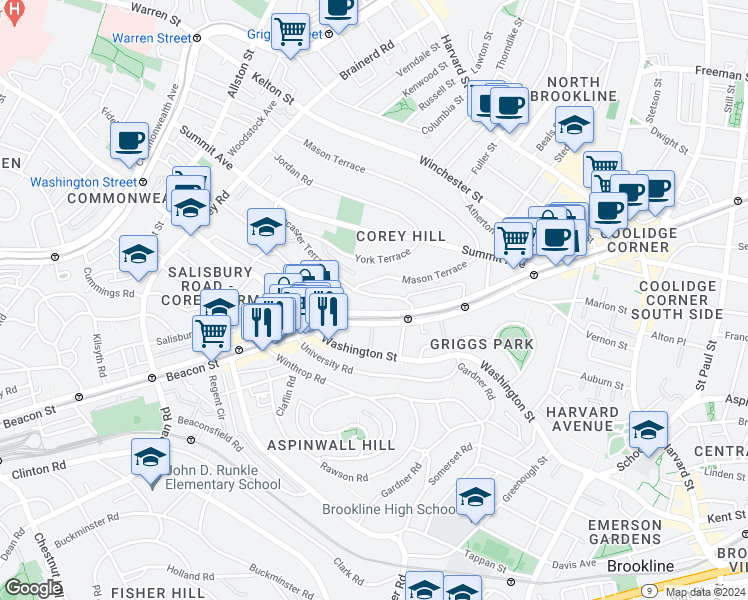 map of restaurants, bars, coffee shops, grocery stores, and more near 5 Mason Terrace in Brookline