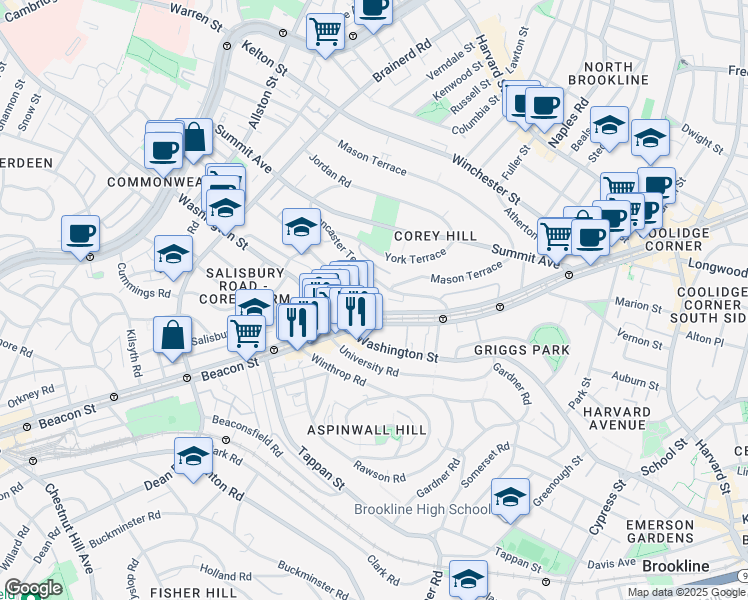 map of restaurants, bars, coffee shops, grocery stores, and more near 25 Westbourne Terrace in Brookline