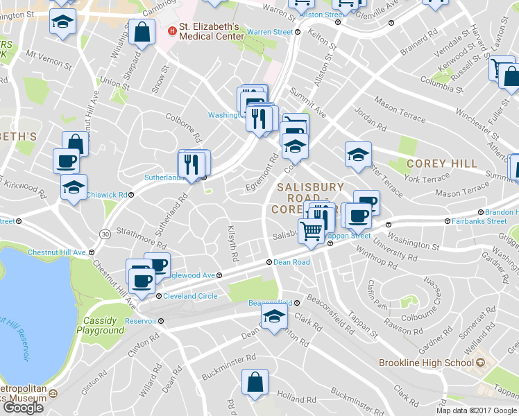map of restaurants, bars, coffee shops, grocery stores, and more near 11 Cummings Road in Boston