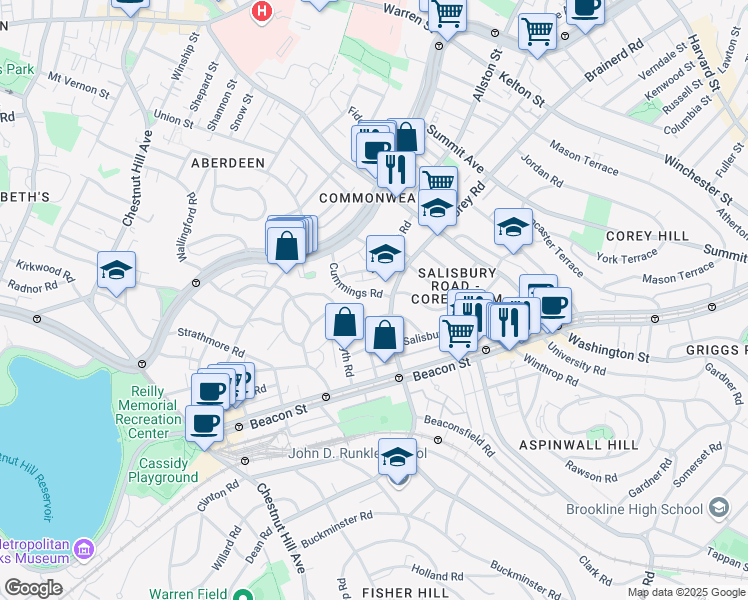 map of restaurants, bars, coffee shops, grocery stores, and more near 11 Cummings Road in Boston