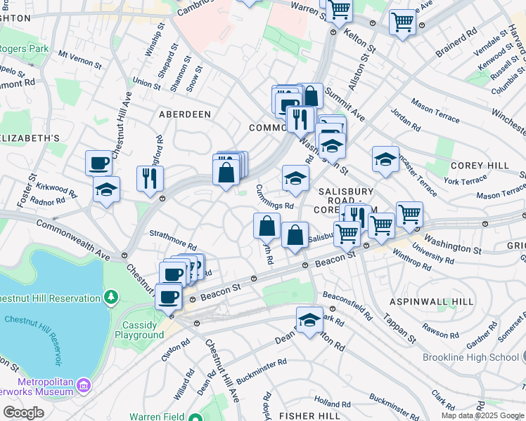 map of restaurants, bars, coffee shops, grocery stores, and more near 36 Cummings Road in Boston