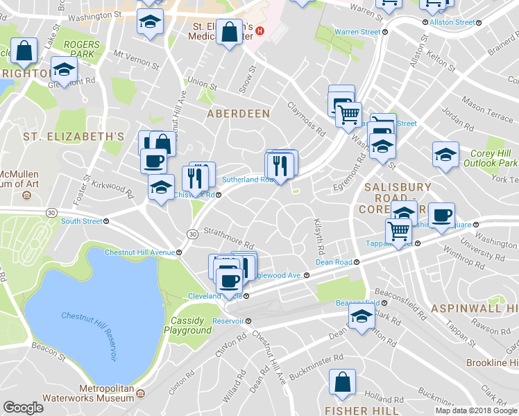 map of restaurants, bars, coffee shops, grocery stores, and more near 98 Lanark Road in Boston