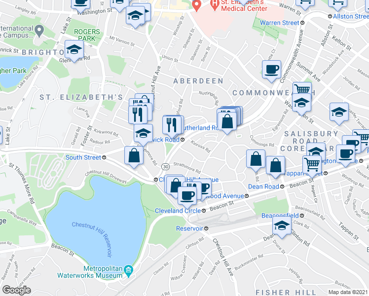 map of restaurants, bars, coffee shops, grocery stores, and more near in Boston
