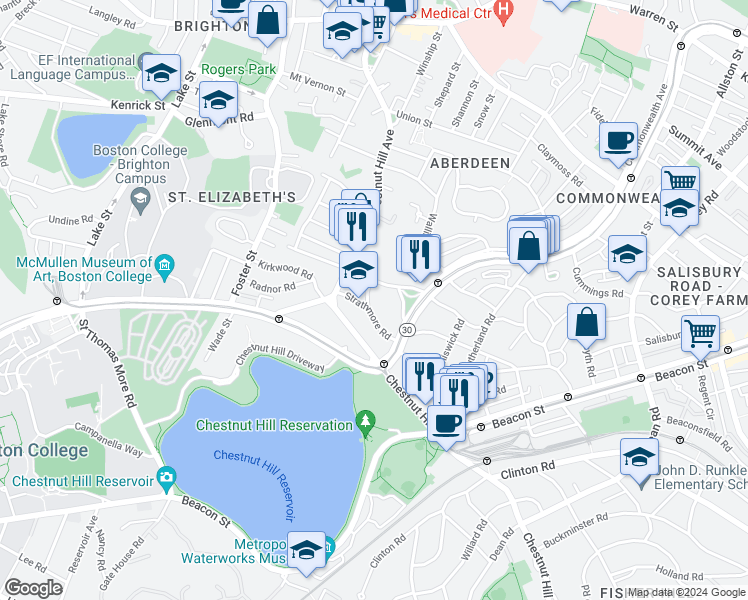 map of restaurants, bars, coffee shops, grocery stores, and more near 186 Chestnut Hill Avenue in Boston