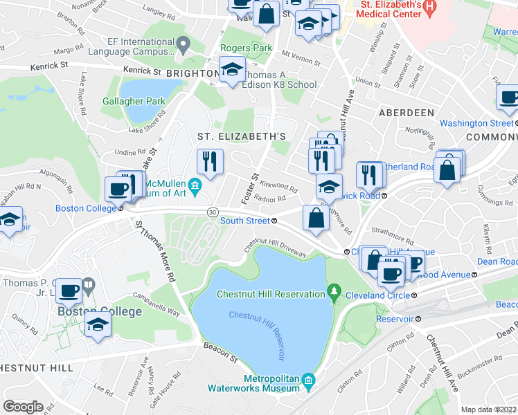map of restaurants, bars, coffee shops, grocery stores, and more near 15 Radnor Road in Boston