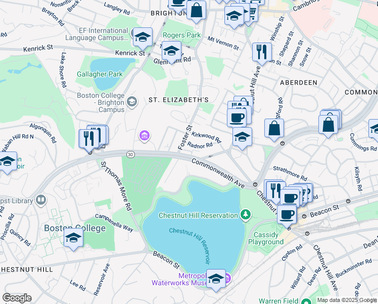 map of restaurants, bars, coffee shops, grocery stores, and more near 15 Radnor Road in Boston