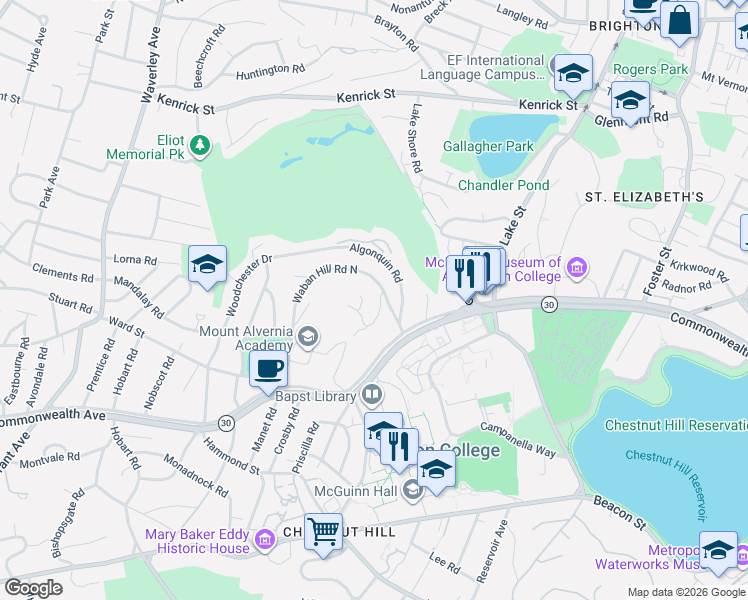 map of restaurants, bars, coffee shops, grocery stores, and more near 107 Waban Hill Road in Newton