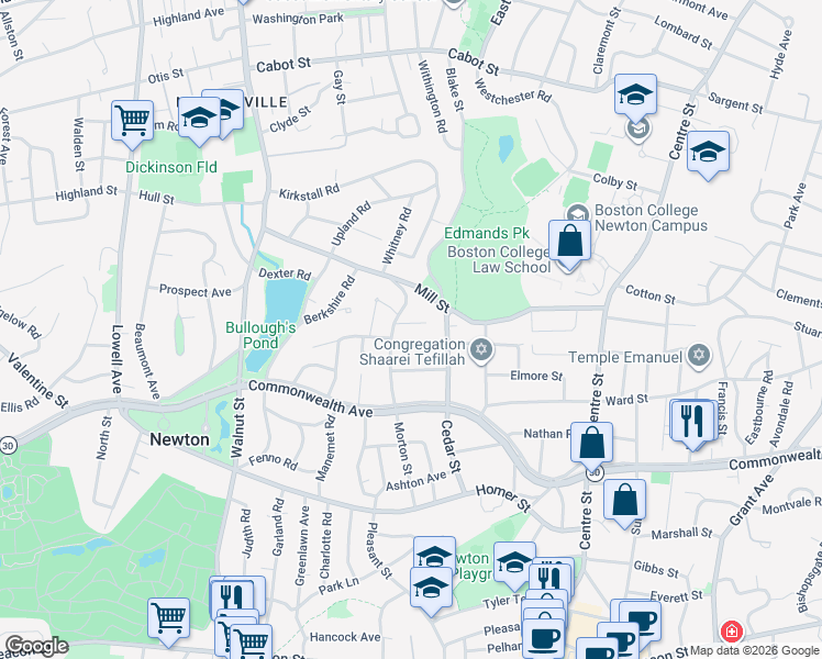 map of restaurants, bars, coffee shops, grocery stores, and more near 44 Morton Street in Newton
