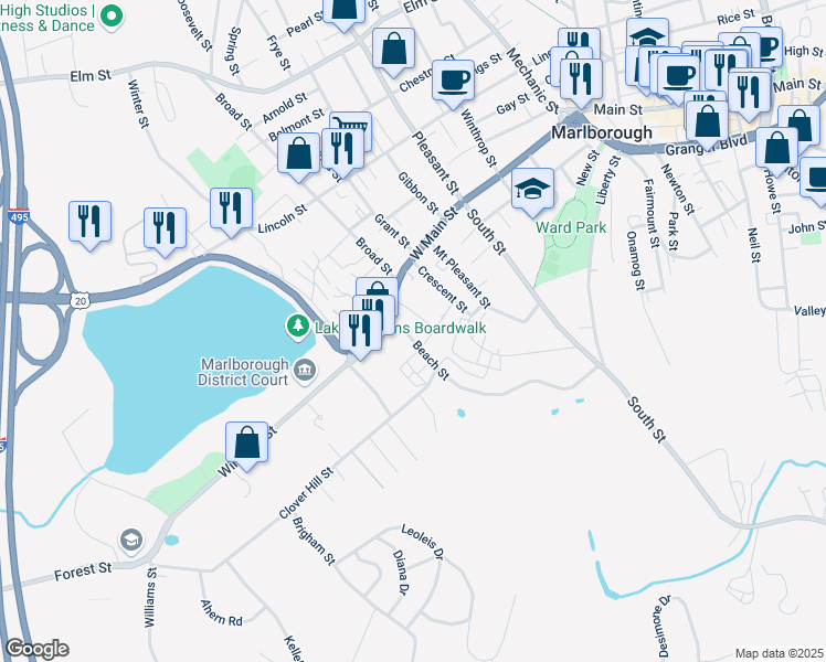 map of restaurants, bars, coffee shops, grocery stores, and more near 28 Beach Street in Marlborough