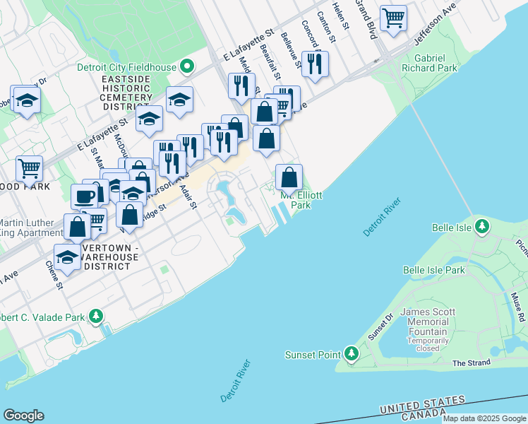 map of restaurants, bars, coffee shops, grocery stores, and more near 3500 East Jefferson Avenue in Detroit