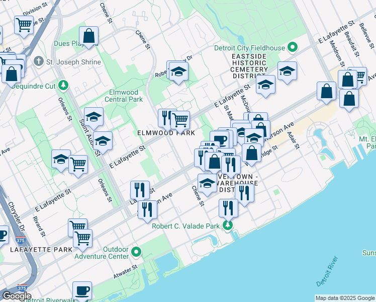 map of restaurants, bars, coffee shops, grocery stores, and more near 700 Chene in Detroit