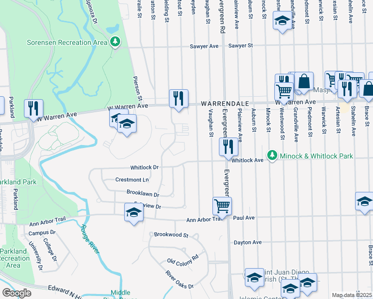 map of restaurants, bars, coffee shops, grocery stores, and more near 6765 Heyden in Dearborn Heights