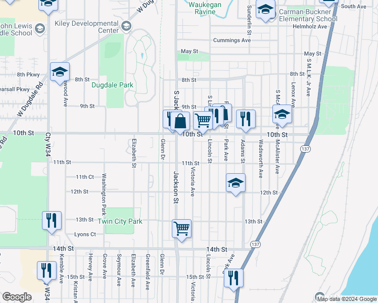 map of restaurants, bars, coffee shops, grocery stores, and more near 1019 Jackson Street in North Chicago