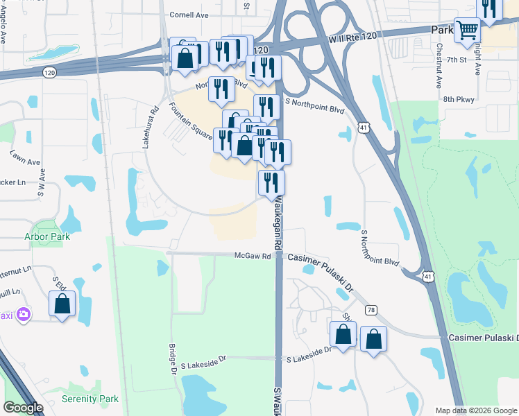 map of restaurants, bars, coffee shops, grocery stores, and more near 1010 South Waukegan Road in Waukegan