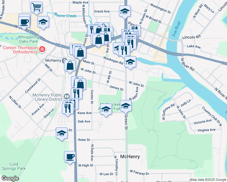 map of restaurants, bars, coffee shops, grocery stores, and more near 3605 James Street in McHenry