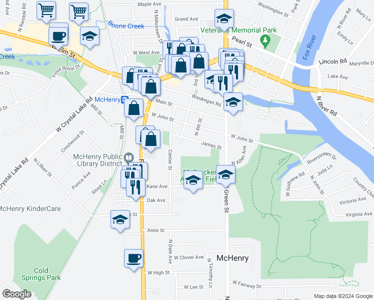 map of restaurants, bars, coffee shops, grocery stores, and more near 3703 James Street in McHenry