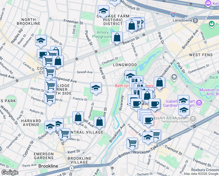 map of restaurants, bars, coffee shops, grocery stores, and more near 269 Kent Street in Brookline