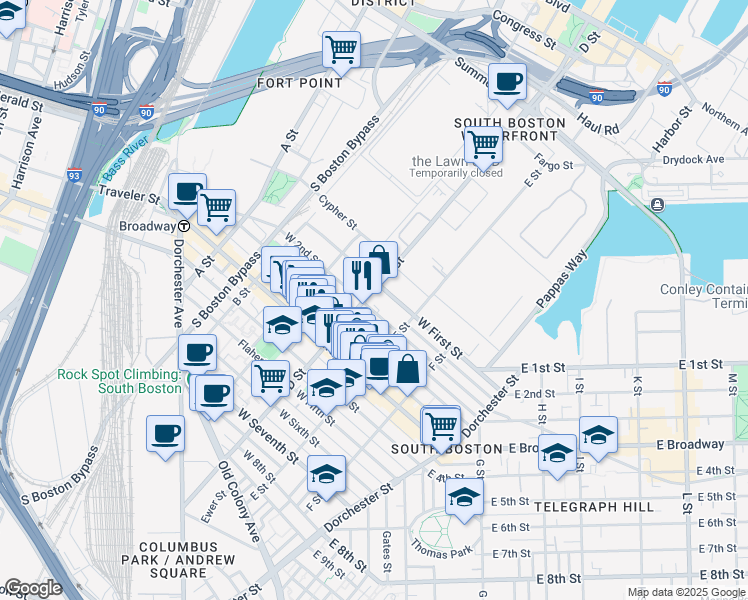 map of restaurants, bars, coffee shops, grocery stores, and more near 339 D Street in Boston