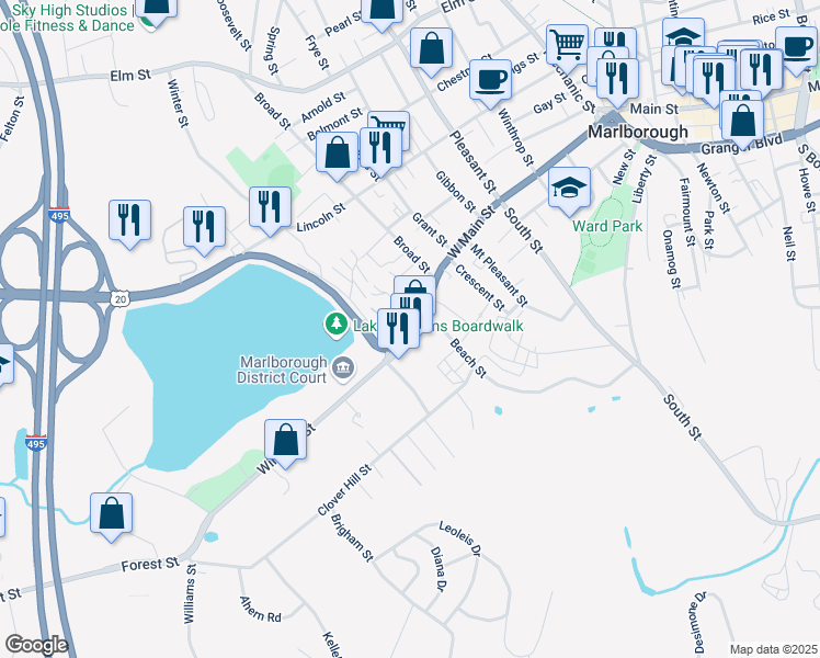 map of restaurants, bars, coffee shops, grocery stores, and more near 279 West Main Street in Marlborough
