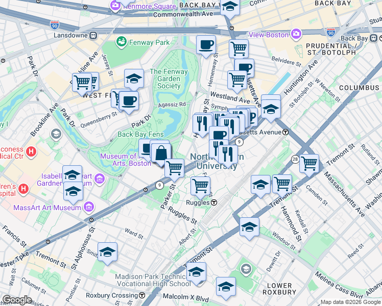 map of restaurants, bars, coffee shops, grocery stores, and more near 359 Huntington Avenue in Boston