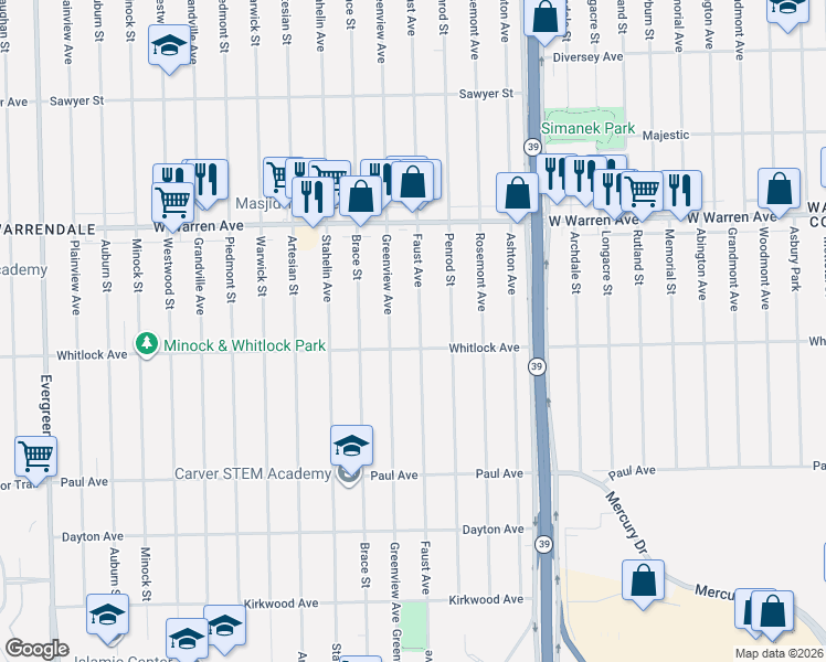 map of restaurants, bars, coffee shops, grocery stores, and more near 6754 Greenview Avenue in Detroit