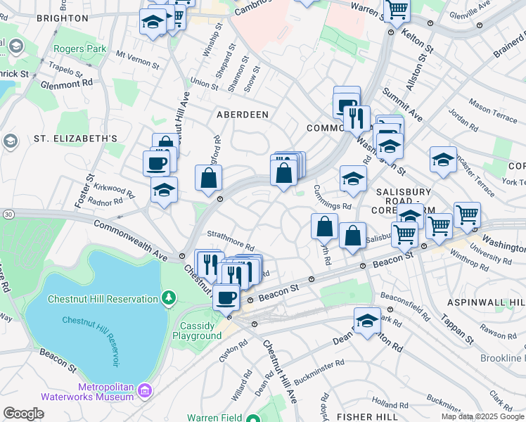 map of restaurants, bars, coffee shops, grocery stores, and more near 98 Lanark Road in Boston