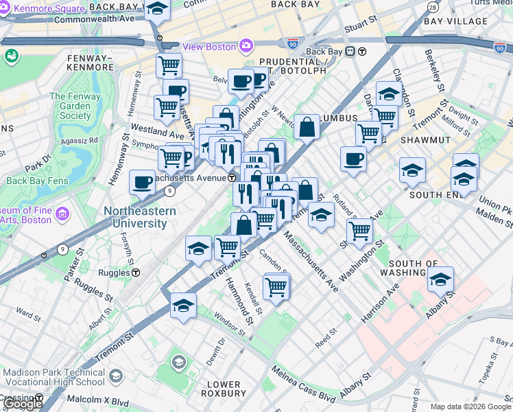map of restaurants, bars, coffee shops, grocery stores, and more near in Boston