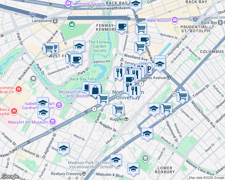 map of restaurants, bars, coffee shops, grocery stores, and more near 359 Huntington Avenue in Boston