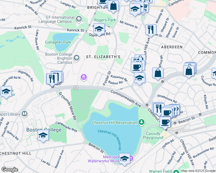 map of restaurants, bars, coffee shops, grocery stores, and more near 15 Radnor Road in Boston