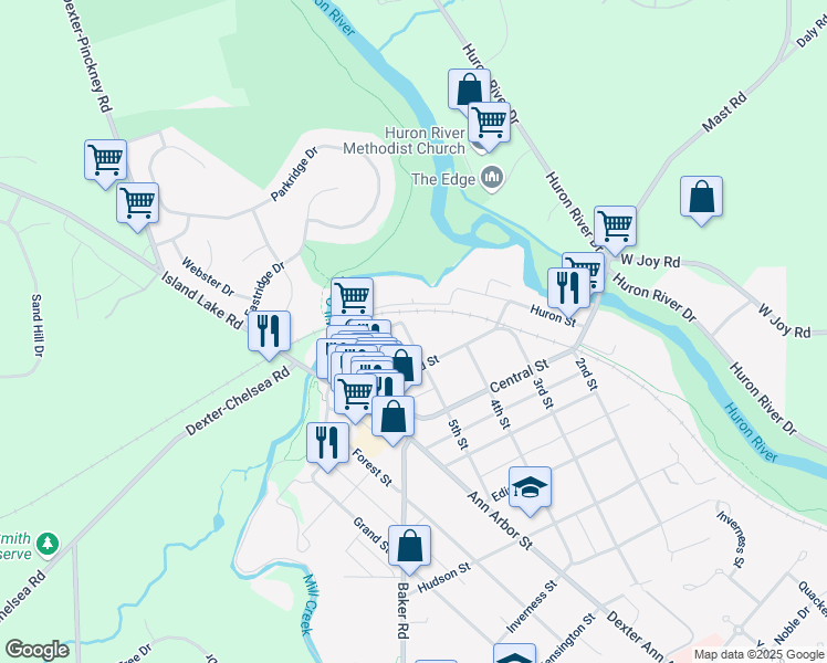 map of restaurants, bars, coffee shops, grocery stores, and more near 8175 5th Street in Dexter
