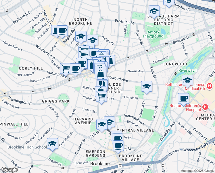 map of restaurants, bars, coffee shops, grocery stores, and more near 20 Stearns Road in Brookline